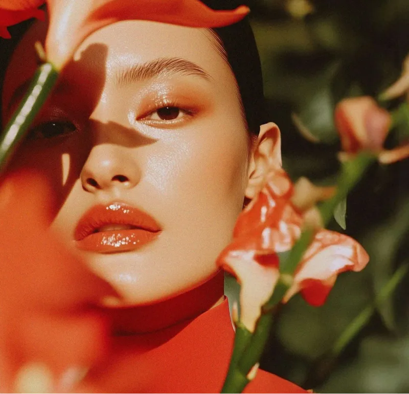 Close-up of a woman with glossy red lips and warm-toned makeup partially obscured by orange flowers.
